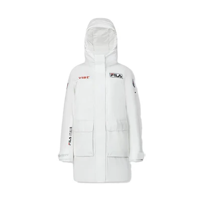 (Women) FILA Long Hooded Down Coat with Zipper Letter Design in White Jade. A11W346905F-WT