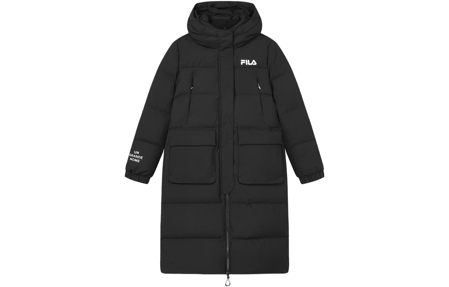 (Women) FILA  Long Hooded Down Jacket with Logo Print in Jet Black. F61W349906A-BK