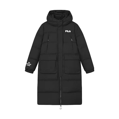 (Women) FILA Long Hooded Down Jacket with Logo Print in Jet Black. F61W349906A-BK