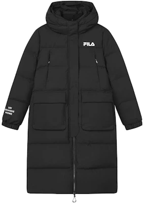 (W) FILA 黑色長版連帽羽絨外套附標誌印刷. F61W349906A-BK Order (W) FILA 黑色長版連帽羽絨外套附標誌印刷. F61W349906A-BK