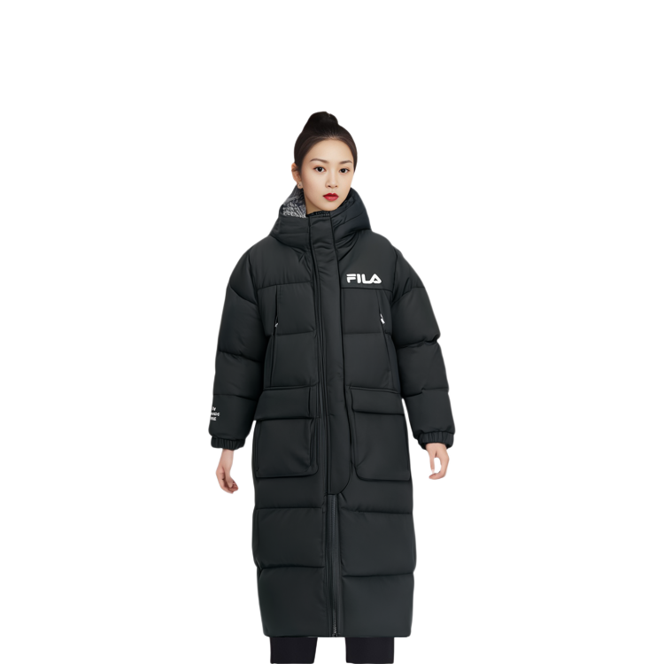 (Women) FILA  Long Hooded Down Jacket with Logo Print in Jet Black. F61W349906A-BK 圖 4