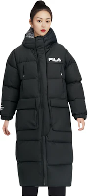 (W) FILA 黑色長版連帽羽絨外套附標誌印刷. F61W349906A-BK Shop (W) FILA 黑色長版連帽羽絨外套附標誌印刷. F61W349906A-BK