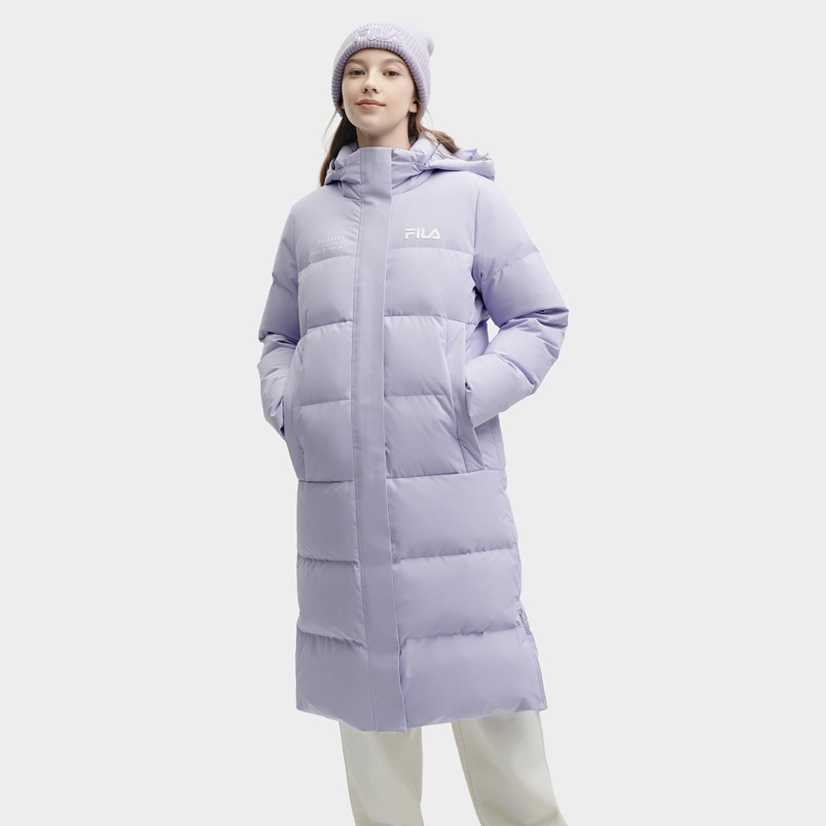 Shop (Women) FILA  Long Hooded Lavender Down Coat - Waterproof, Windproof & Warm. F11W349910F-PU