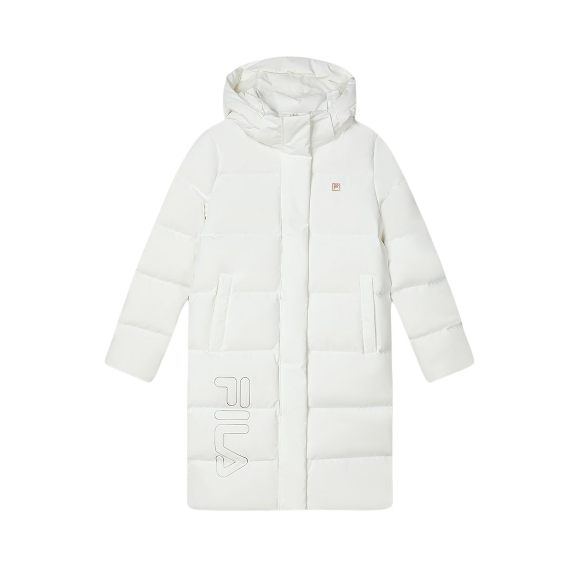 (Women) FILA  Long Logo Printed Hooded Casual Down Jacket in Off-White. F11W347901F-WT