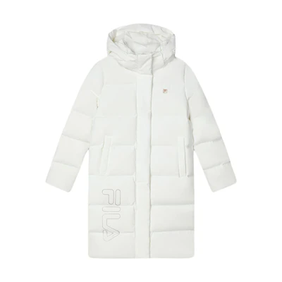 (Women) FILA Long Logo Printed Hooded Casual Down Jacket in Off-White. F11W347901F-WT