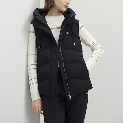 (Women) FILA Solid Color Hooded Down Vest Legendary Blue F11W341911F-NV Details for (Women) FILA Solid Color Hooded Down Vest Legendary Blue F11W341911F-NV