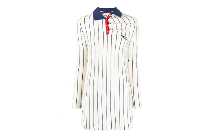 (Women) FILA  Striped Irregular Collar Long Sleeve Dress - White F71W225301F-NV