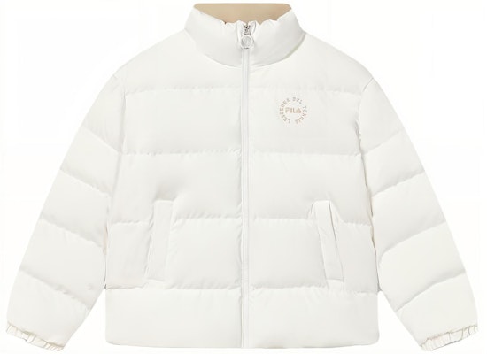(Women) FILA White Puffer Down Jacket with Logo Print and High Collar. F11W349907FWT Order (Women) FILA White Puffer Down Jacket with Logo Print and High Collar. F11W349907FWT