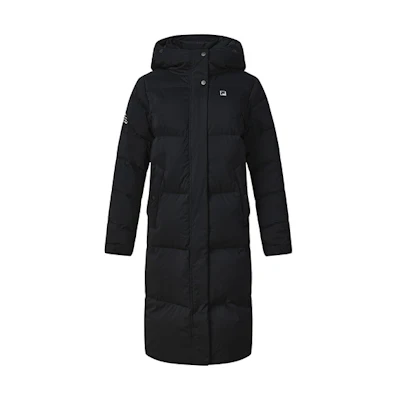 (Women) FILA Athletics Long Down Jacket Hooded Solid Black Warm Coat. A11W242908F-BK
