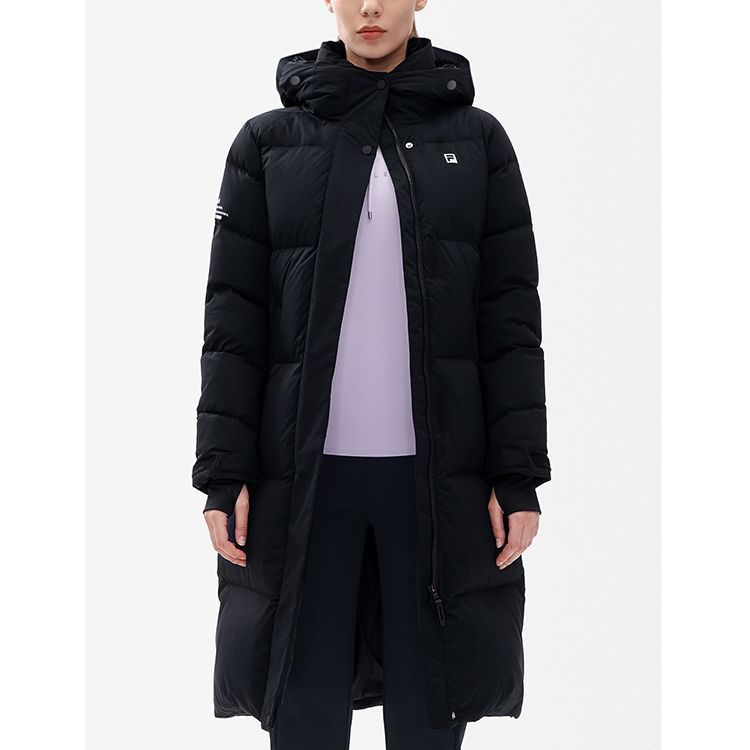 Details for (Women) FILA Athletics  Long Down Jacket Hooded Solid Black Warm Coat. A11W242908F-BK