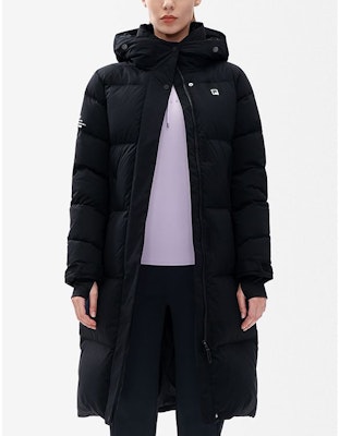 (Women) FILA Athletics Long Down Jacket Hooded Solid Black Warm Coat. A11W242908F-BK Details for (Women) FILA Athletics Long Down Jacket Hooded Solid Black Warm Coat. A11W242908F-BK