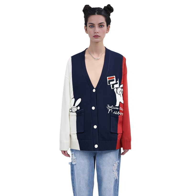 Details for (W) FILA CNY バニーコレクション Vネックニットセーター ウィメンズ スモーキーブルー. F11W319407F-DB