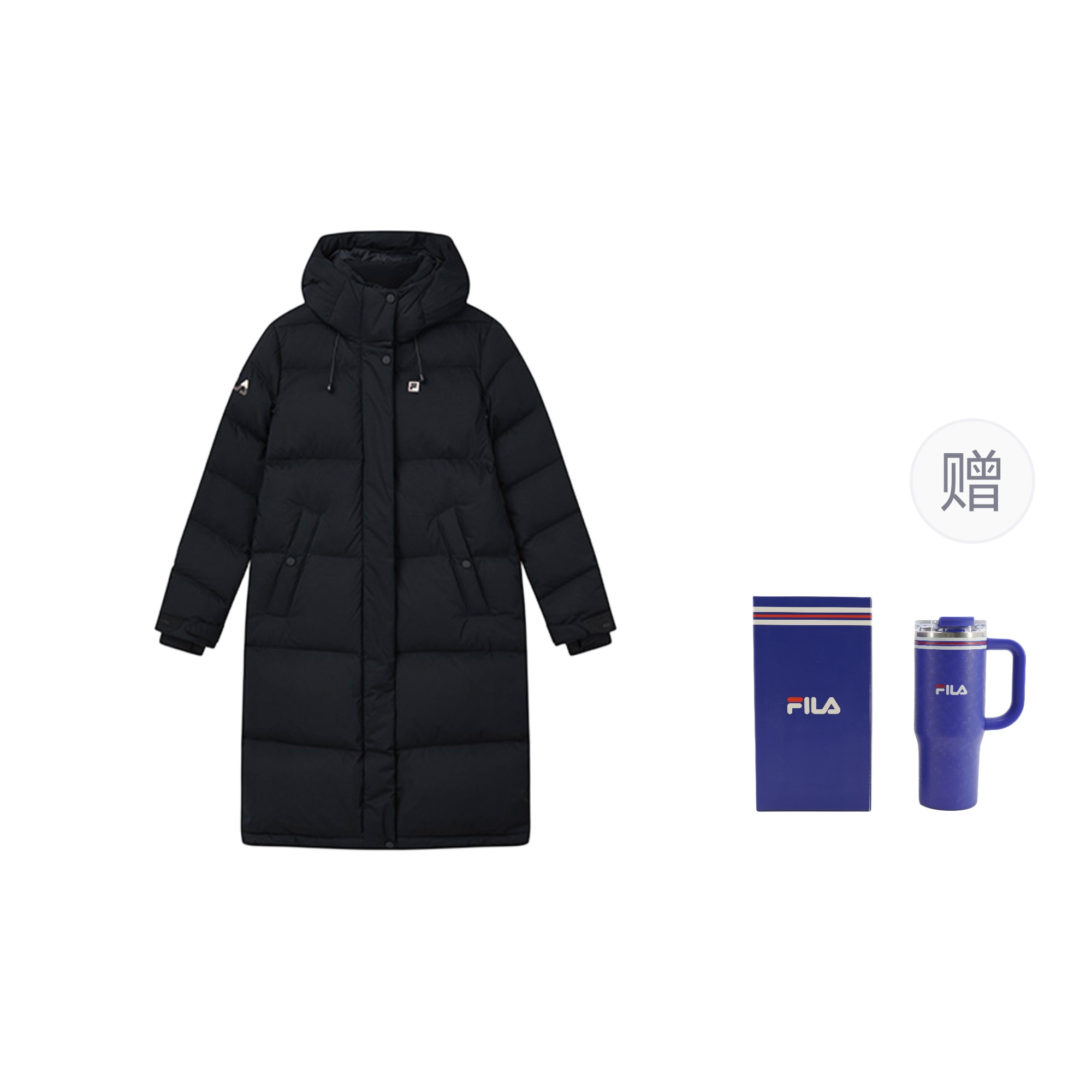 (Women) FILA Fitness Athletics Black Long Hooded Down Jacket for Winter Warmth. A11W141916FBK