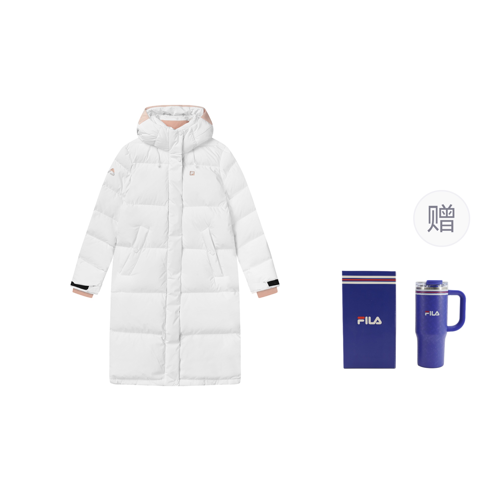 (Women) FILA Fitness Long Down Coat Hoodie Logo Print - Off-White. A11W141916FWT