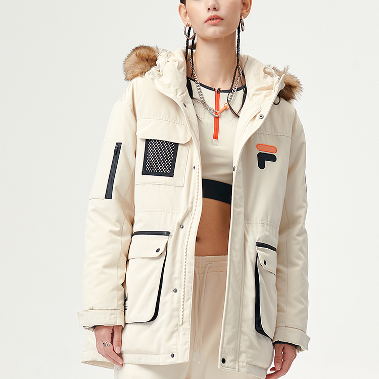 Shop (Women) FILA Fusion  Baseball Series Parka Multi-Pocket Down Jacket Stone Beige T11W145902F-IY