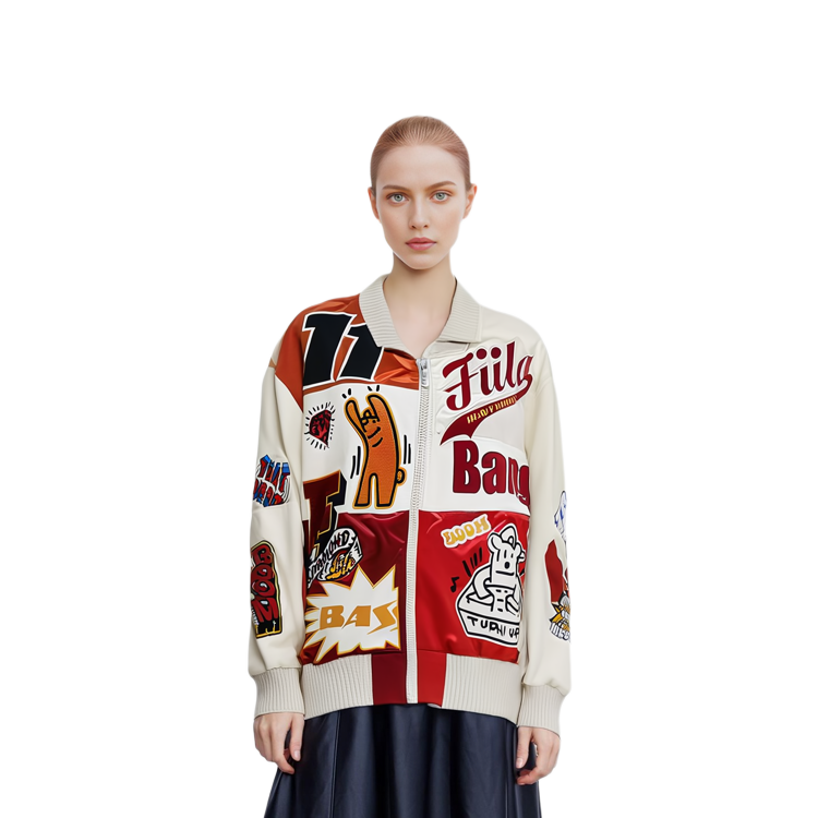 (Women) FILA FUSION  Cartoon Letter Colorblock Loose Baseball Jacket - Khaki. T11W342912F-LK 圖 4