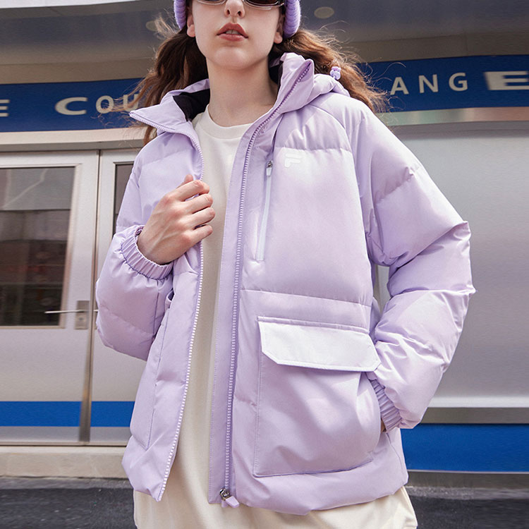Shop (Women) FILA FUSION  Hooded Down Jacket Light Purple Windproof Warm Coat. T11W316904F-VT