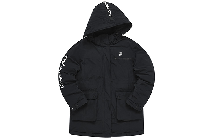 (Women) FILA Fusion  Logo Print Long Down Jacket Black Goose Down Winter Coat T11W241917F-BK