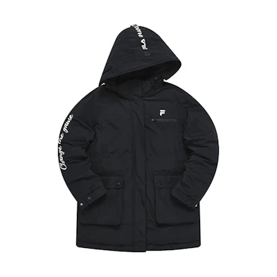 (Women) FILA Fusion Logo Print Long Down Jacket Black Goose Down Winter Coat T11W241917F-BK