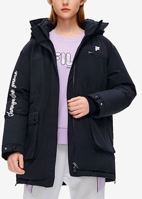 (Women) FILA Fusion Logo Print Long Down Jacket Black Goose Down Winter Coat T11W241917F-BK Shop (Women) FILA Fusion Logo Print Long Down Jacket Black Goose Down Winter Coat T11W241917F-BK