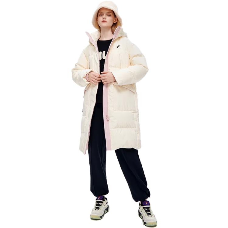 Shop (Women) FILA Fusion  Logo Print Long Puffer Jacket Beige T11W245907F-BG