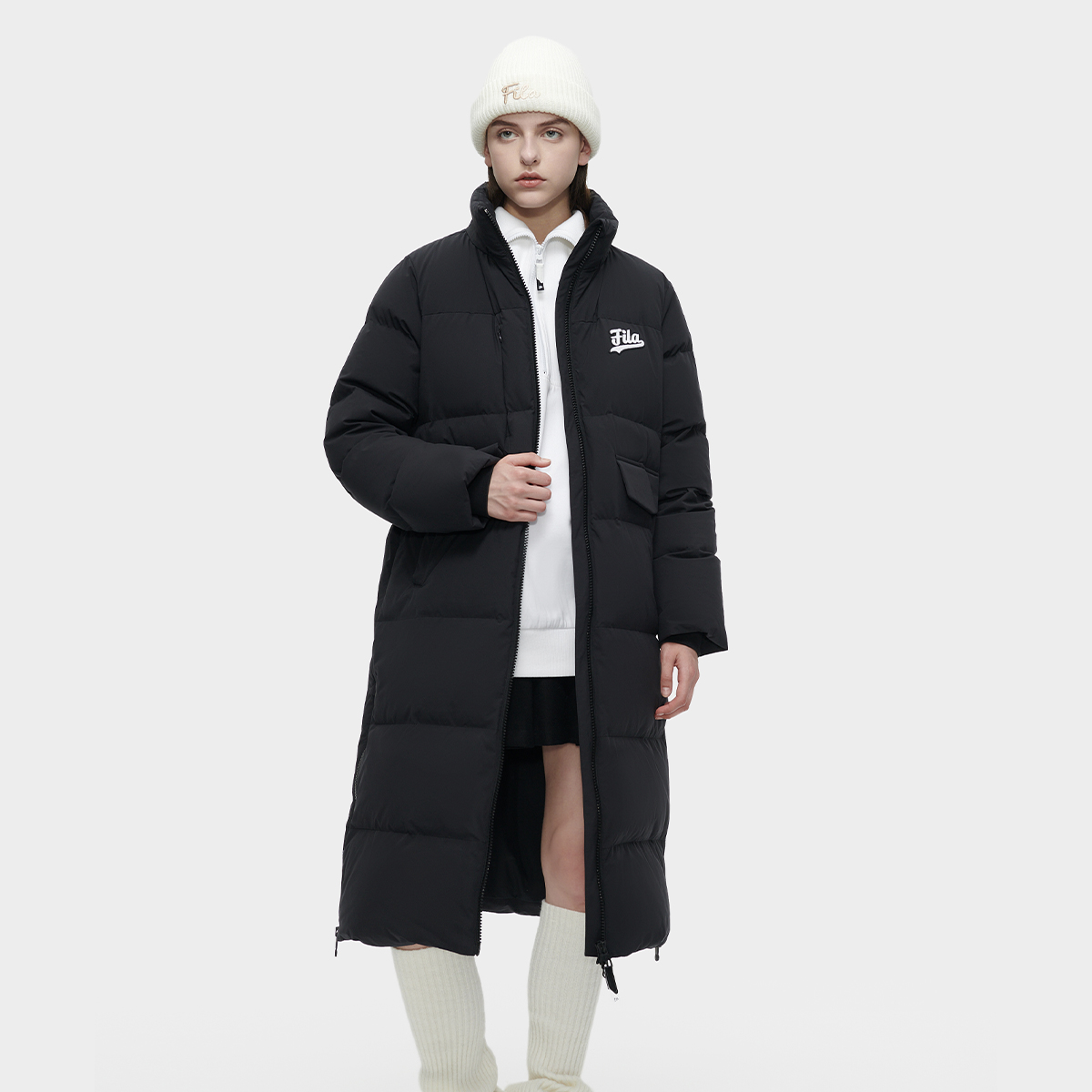 Purchase (Women) FILA Fusion  Long Fashion Windproof Hooded Down Coat - Black T11W342910F-BK