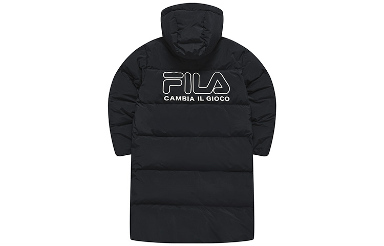 Lookbook (Women) FILA FUSION  Long Puffer Jacket with Hood - Solid Black. T11W245907F-BK