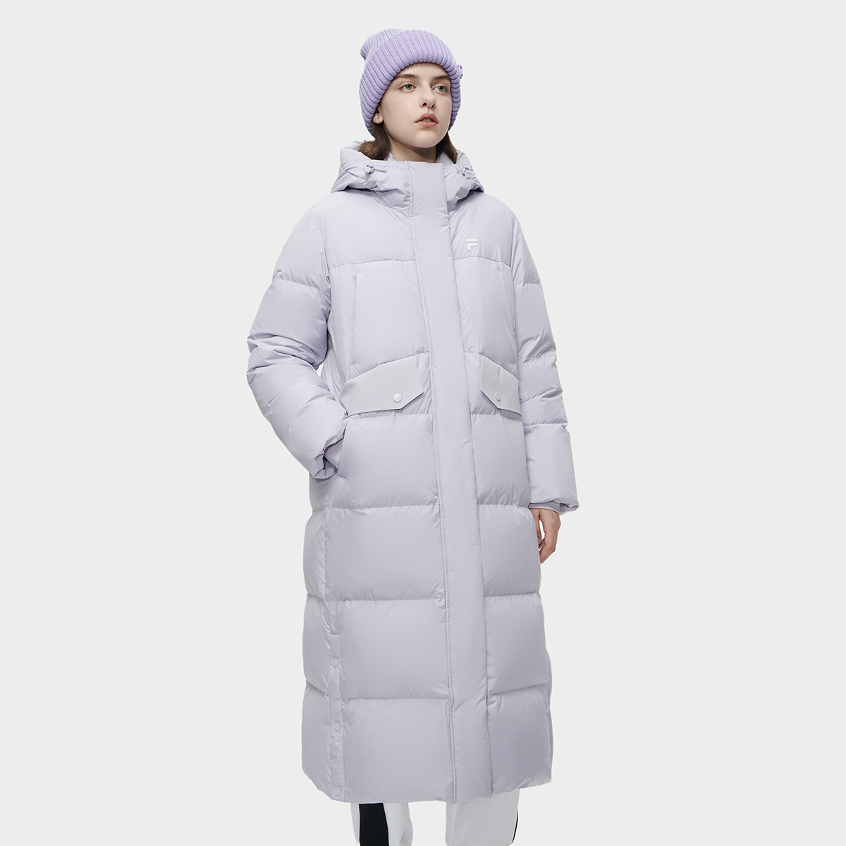 Shop (W) 휠라 퓨전 어반 테크 라벤더 후드 롱 다운 재킷 코트. T11W341910F-PU