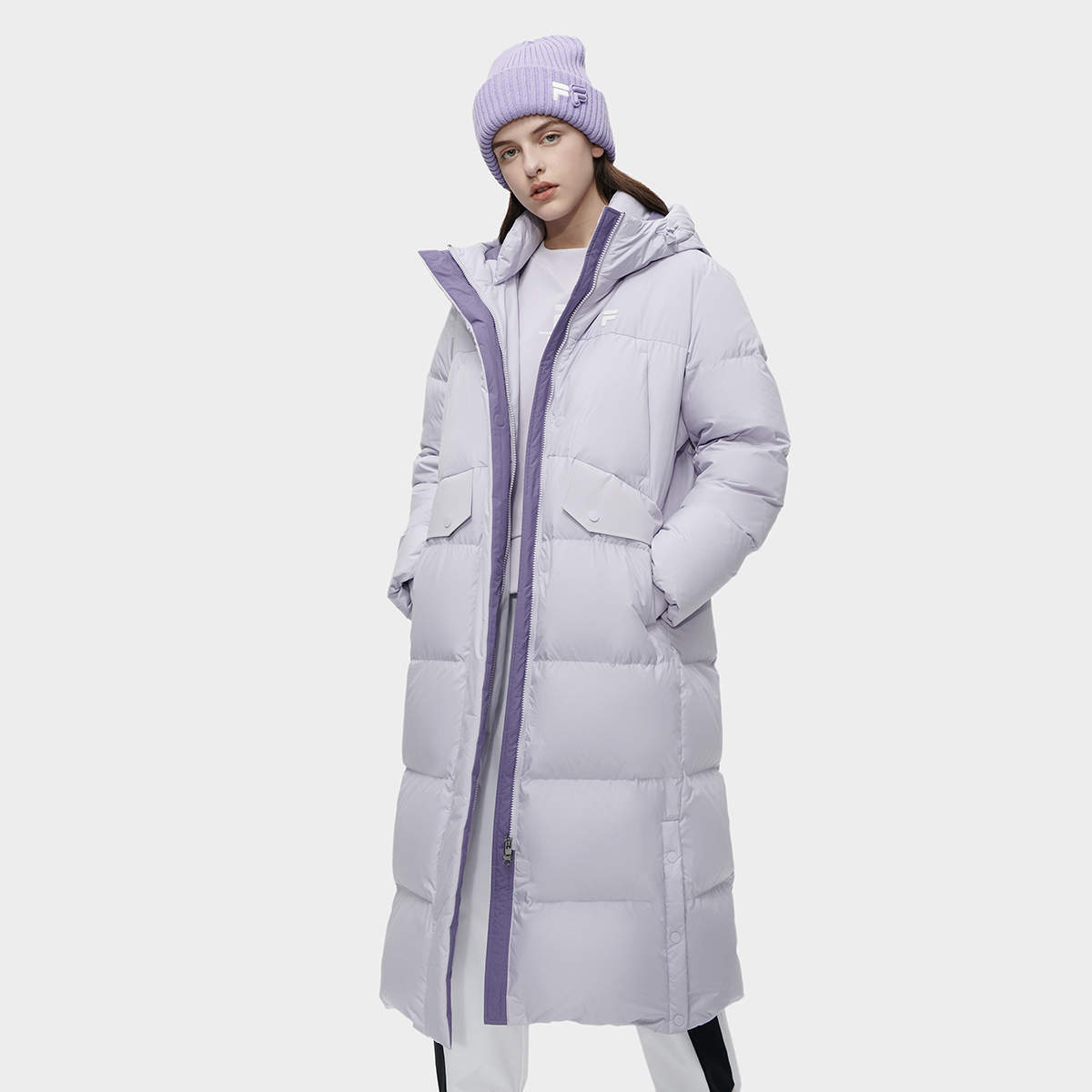 Details for (W) 휠라 퓨전 어반 테크 라벤더 후드 롱 다운 재킷 코트. T11W341910F-PU