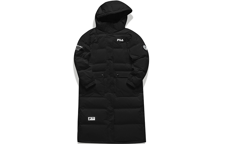 Lookbook (Women) FILA FUSION Black Winter Logo Print Hooded Down Jacket Coat. T11W142907FBK