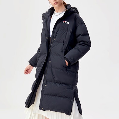 (Women) FILA Fusion Long Hooded Down Jacket Black Winter Coat T11W141903F-BK Sizing (Women) FILA Fusion Long Hooded Down Jacket Black Winter Coat T11W141903F-BK