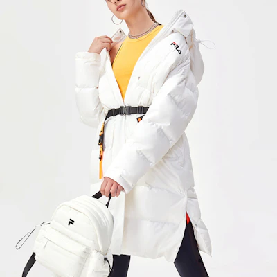 (W) FILA Fusion 中長款連帽羽絨外套 冬季白色. T11W141903F-WT Details for (W) FILA Fusion 中長款連帽羽絨外套 冬季白色. T11W141903F-WT
