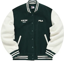 (Women) FILA FUSION Retro Logo Print Colorblock Baseball Jacket Deep Island Green. T11W142501F-GN (Women) FILA FUSION Retro Logo Print Colorblock Baseball Jacket Deep Island Green. T11W142501F-GN