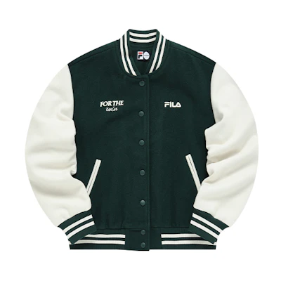(Women) FILA FUSION Retro Logo Print Colorblock Baseball Jacket Deep Island Green. T11W142501F-GN