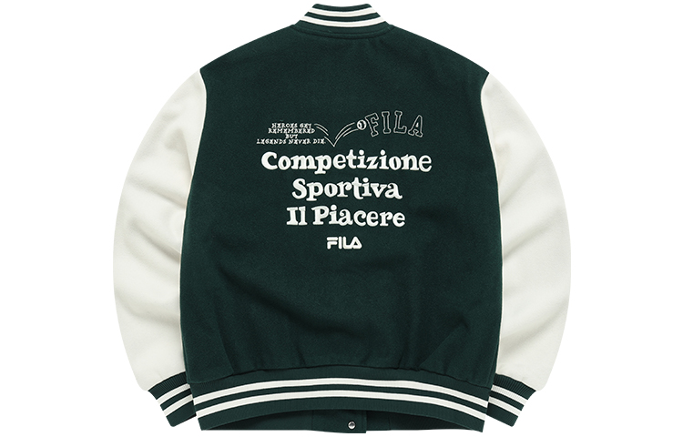 Lookbook (W) Chaqueta Béisbol FILA FUSION Retro Logo Verde Isla Profunda Colorblock. T11W142501F-GN