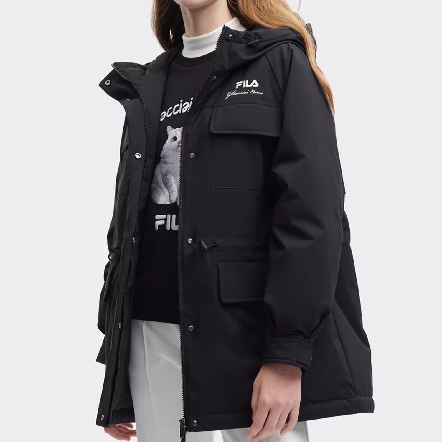 (Women) FILA HERITAGE  Black Down Jacket - Loose Fit, Windproof, Warm Hoodie. F11W348906F-BK 圖 7