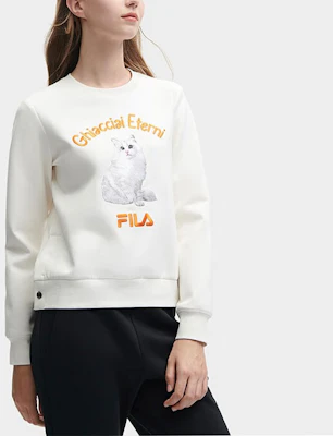 (W) FILA 復古貓咪印花淺米色長袖休閒上衣 F11W348210F-IV Shop (W) FILA 復古貓咪印花淺米色長袖休閒上衣 F11W348210F-IV
