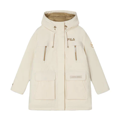 (Women) FILA Original Long Down Jacket Solid Color Hooded Casual Warm Coat. F11W349904F-IV
