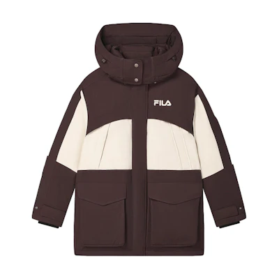 (Women) FILA ORIGINALE Logo Patchwork Hooded Parka Down Jacket - Tan Brown. F51W449903F-BN