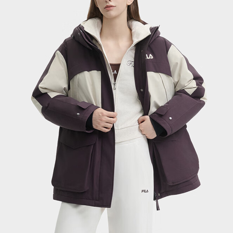 (Women) FILA ORIGINALE  Logo Patchwork Hooded Parka Down Jacket - Tan Brown. F51W449903F-BN 圖 4