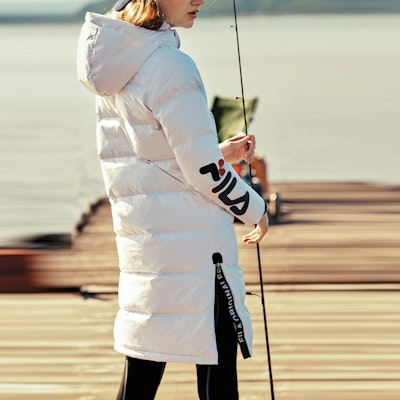 (Women) FILA Originale White Mid-Length Hooded Down Jacket with Logo Print F51W048940FWT Purchase (Women) FILA Originale White Mid-Length Hooded Down Jacket with Logo Print F51W048940FWT