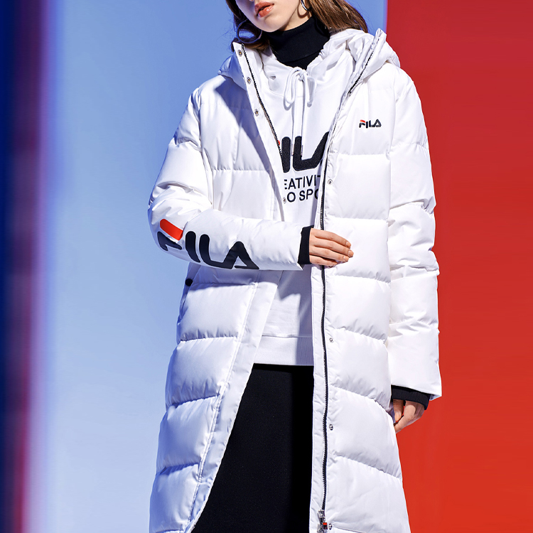 Sizing (Women) FILA Originale White Mid-Length Hooded Down Jacket with Logo Print F51W048940FWT