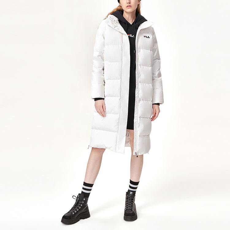 Shop (Women) FILA Winter White Long Logo Printed Hooded Down Jacket F61W148956FWT