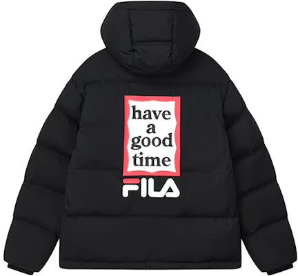 (Women) FILA x Have A Good Time Black Logo Hoodie Puffer Jacket Winter Casual. F11U149902F-BK Buy (Women) FILA x Have A Good Time Black Logo Hoodie Puffer Jacket Winter Casual. F11U149902F-BK