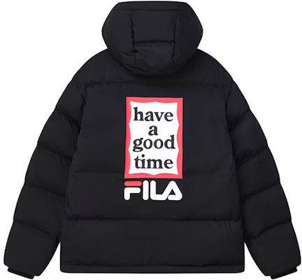 (Women) FILA x Have A Good Time Black Logo Hoodie Puffer Jacket Winter Casual. F11U149902F-BK Order (Women) FILA x Have A Good Time Black Logo Hoodie Puffer Jacket Winter Casual. F11U149902F-BK