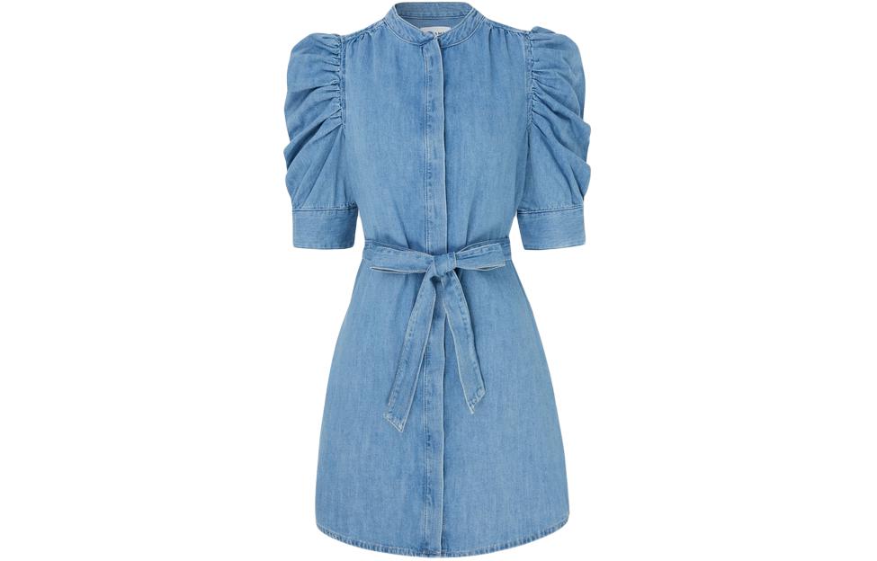 (Women) FRAME Blue Denim Belted Pleated Mini Dress with Short Sleeves JVM1683355818646