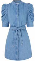 (Women) FRAME Blue Denim Belted Pleated Mini Dress with Short Sleeves JVM1683355818646 (Women) FRAME Blue Denim Belted Pleated Mini Dress with Short Sleeves JVM1683355818646