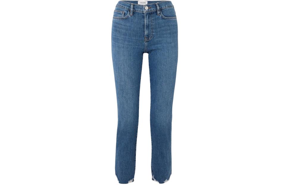 (Women) FRAME SS24 Raw Hem High-Waisted Straight Cropped Jeans Women - Blue JVM1692176307815
