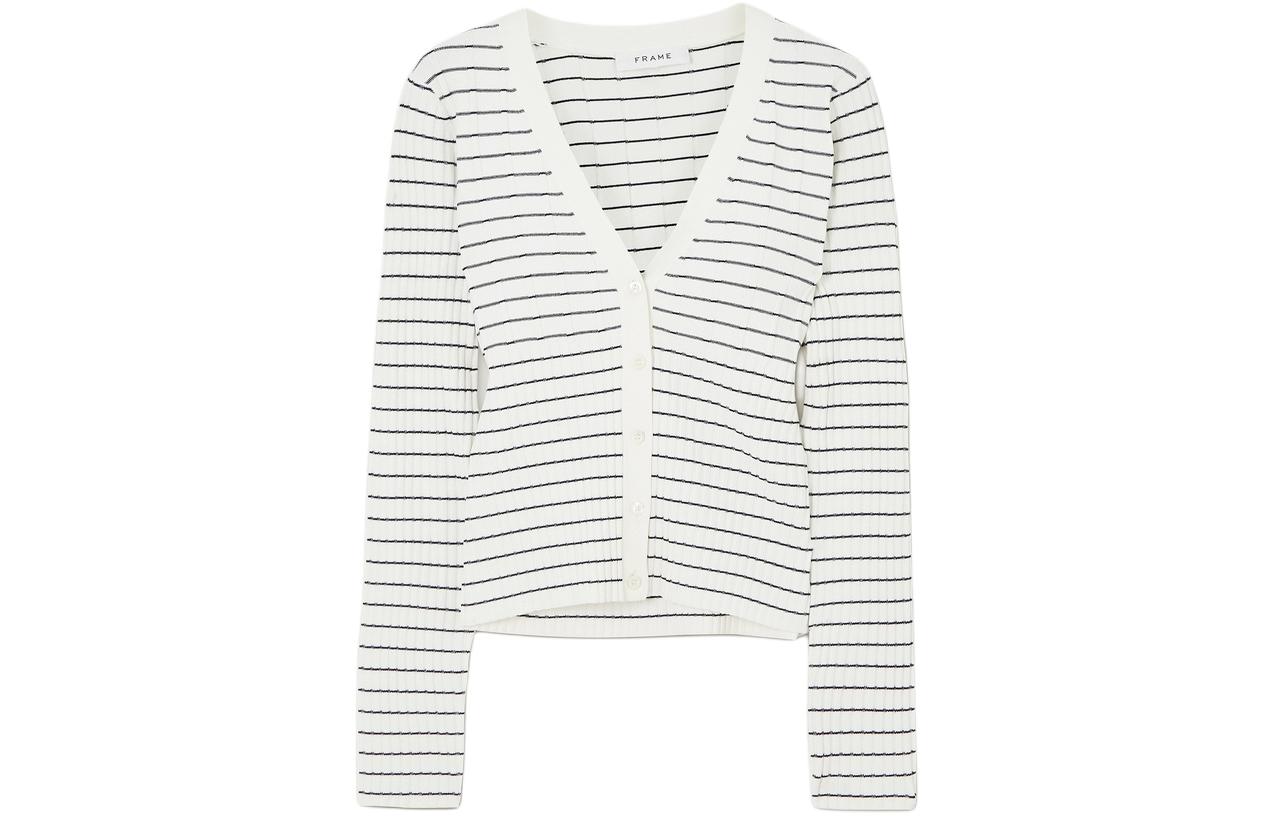 (Women) FRAME Striped Ribbed Button V-Neck Long Sleeve Knit Top Women Multicolor JVM1683355777776