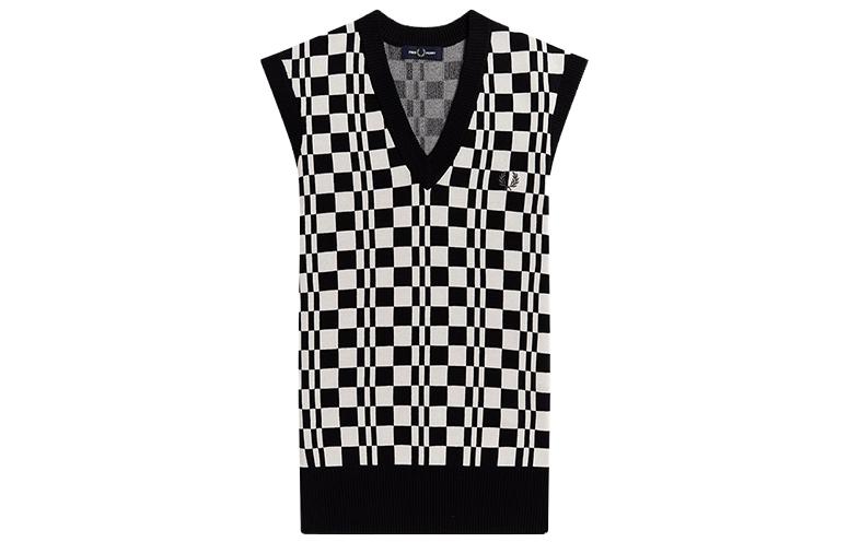 FRED PERRY Black Embroidered Laurel Wreath V-Neck Checkered Knit Vest FPXKNK4530XMJ-BKA